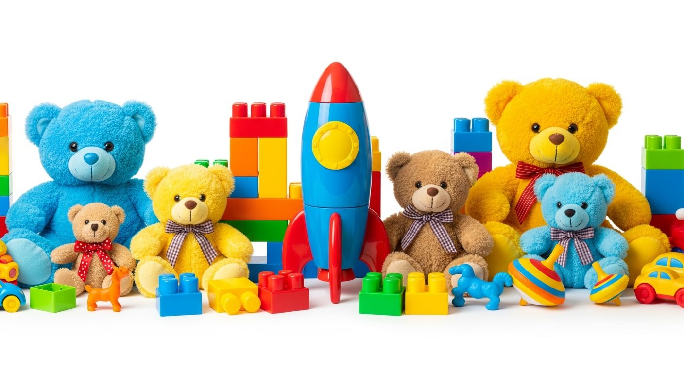 Juguetes de colores: osos de peluche, bloques y cohete