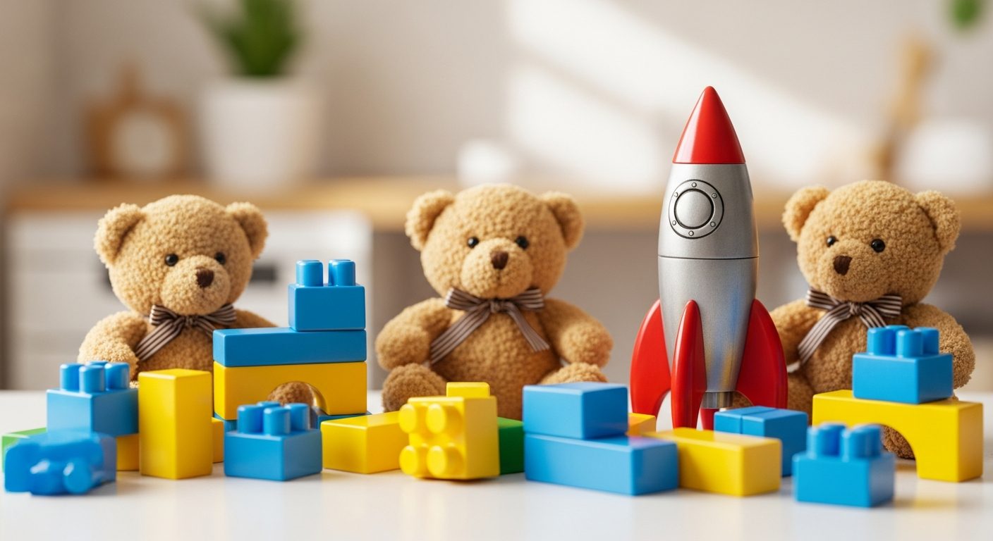 Estante de juguetería con peluches y figuras